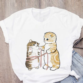 Vasaros cute kačių juokingas animacinių filmų spausdinti moteriški marškinėliai Kawaii cute girl trumpomis rankovėmis T-shirt Harajuku mados gatvė atsitiktinis marškinėliai