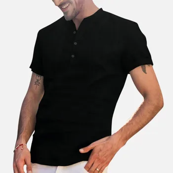Vasaros sprogimo medvilnės ir lino marškiniai vyriški prarasti medvilnės ir lino Soid spalva trumparankoviai retro T-shirt viršūnes футболка 40*