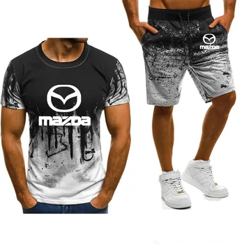 Vasaros vyriški trumpomis rankovėmis Mazda Automobilio Logotipu atsitiktinis Gradientas Aukštos Kokybės Medvilnės Mens Tiktų Marškinėliai+Kelnės Kostiumas 2vnt