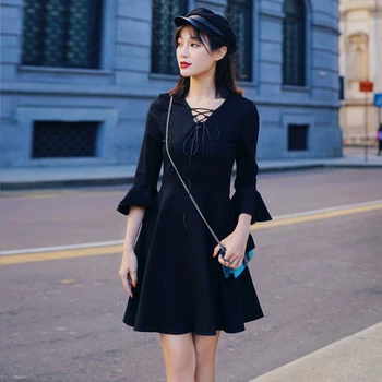 Vintage Suknelė Moterims Pavasario 2020 Korėjos Elegantiškas Raišteliu V Kaklo Blyksnius Rankovėmis Slim Aukšto Juosmens Mini Suknelė Juoda Vestidos D396