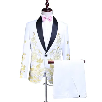 Vyrų kostiumas vyrams pavasarį ir rudenį naujų Slim baltos spalvos siuvinėjimo kombinezonas dviejų dalių kostiumas (striukė + kelnės) vestuvių jaunikis groomsmen suknelė