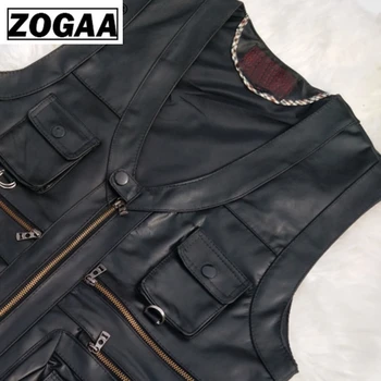 ZOGAA Multi Pocket Vest Vyrų Juoda Fotografijos Marškinėliai natūralios Odos Motociklo Dviratininkas Liemenė Vyrų Rudens Rankovių Striukė Vyrams