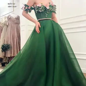 Žalia Musulmonų Vakaro Suknelės 2020 M Sexy Brangioji Tiulio Puošnios Gėlės Elegantiškas Dubajus, Saudo Arabų Ilgai Vakare Gown Prom Dress