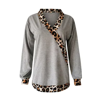 Žiemos ponios mados poliesteris женские футболки giliai V-kaklo, seksualus, leopardas spausdinimui vientisos spalvos kontrasto spalvų siūlėmis F04*