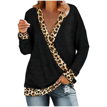 Žiemos ponios mados poliesteris женские футболки giliai V-kaklo, seksualus, leopardas spausdinimui vientisos spalvos kontrasto spalvų siūlėmis F04*